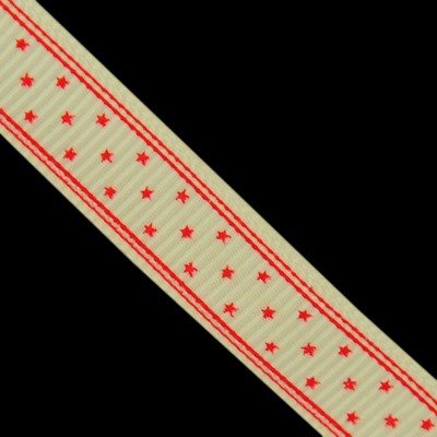 Ripsband 10 mm - cremefärgat med röda stjärnor